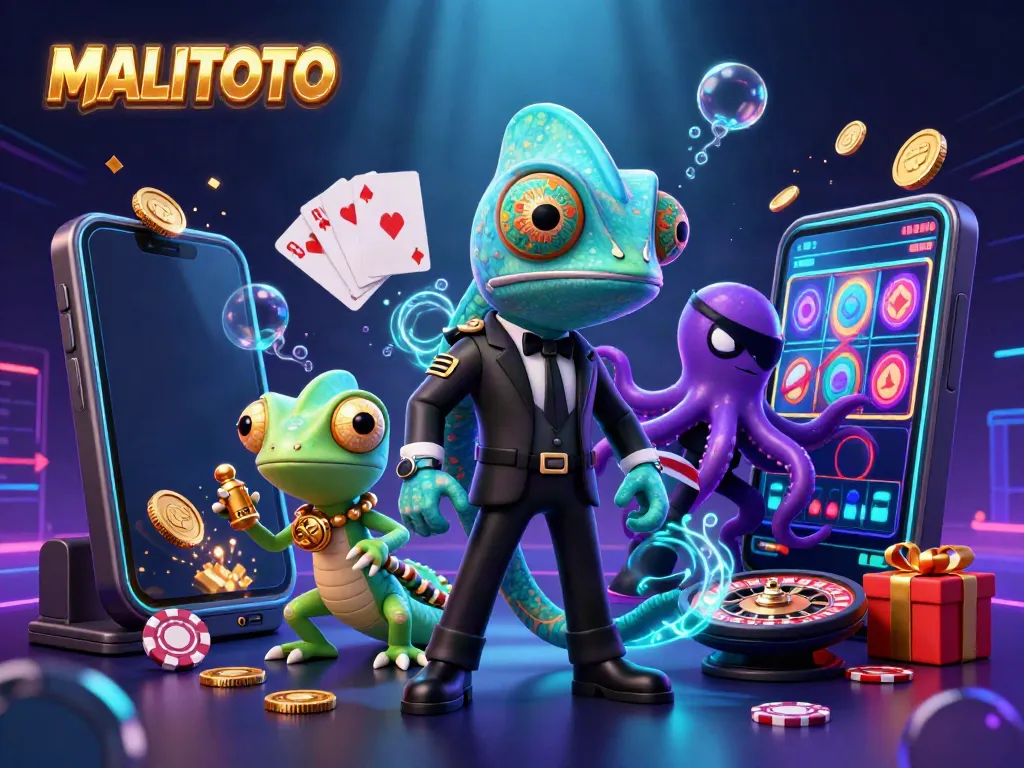 MALITOTO showcases a dynamic scene with a secret agent chameleon, tech gecko, and villainous octopus, surrounded by vibrant casino elements.