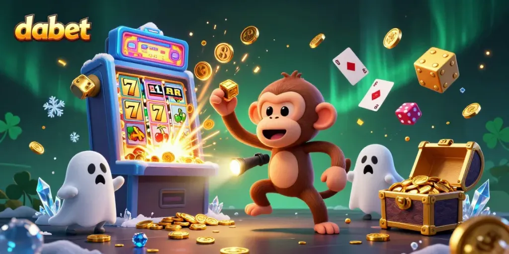 Dabet showcases a dynamic casino scene with a playful poltergeist monkey juggling golden coins and a curious puppy in pursuit.