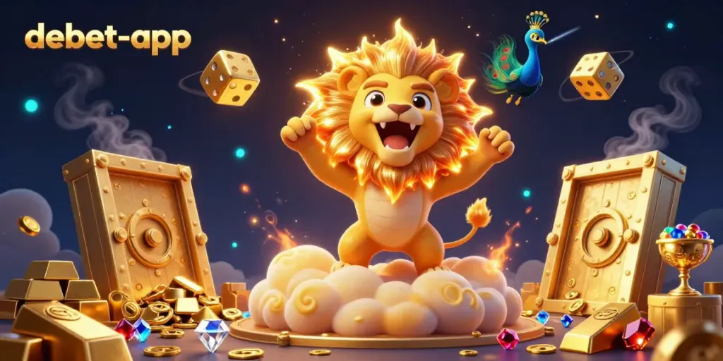 Experience the excitement of debet-app with a roaring lion, golden dice, and bursting treasure in a vibrant casino setting.