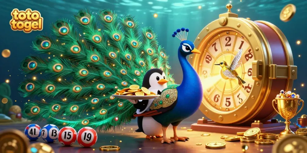 Gambaran sinematik untuk tema toto togel dengan burung merak, penguin, dan burung kolibri.