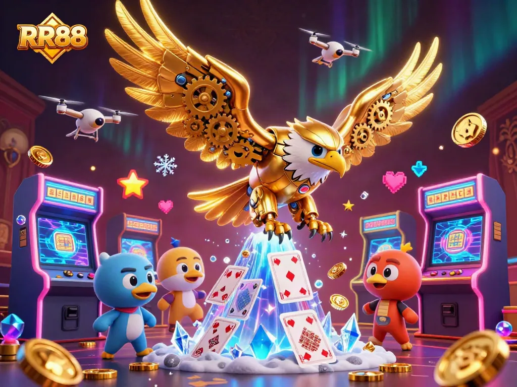 Experience RR88's vibrant gambling world with a golden eagle and holographic cards in dynamic 3D.