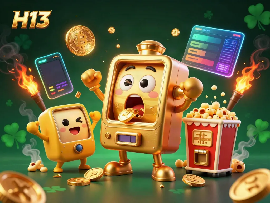 H13 slot machine celebrates a jackpot with coins pouring out while smaller machines cheer.