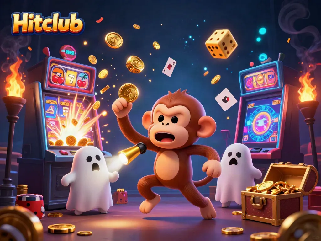Hitclub's playful poltergeist monkey juggling casino elements amidst a lively jackpot scene.