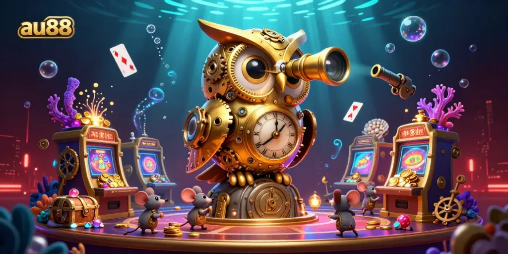 Experience the excitement at au88 casino with a dynamic 3D illustration featuring a golden owl and engaging slot machines.