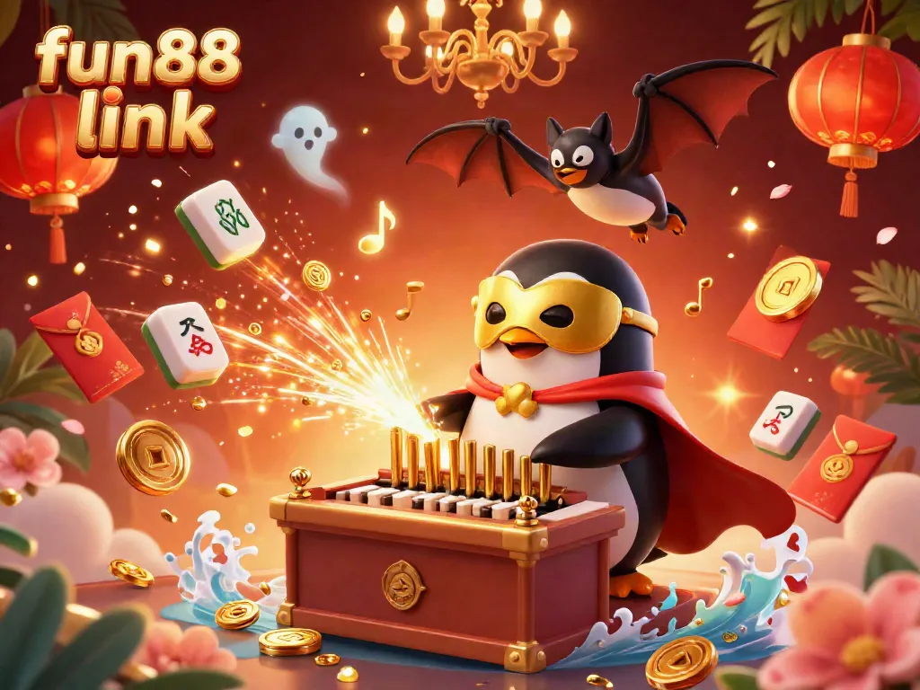 Engage with fun88 link in a vibrant casino scene featuring a penguin playing organ with floating game elements.