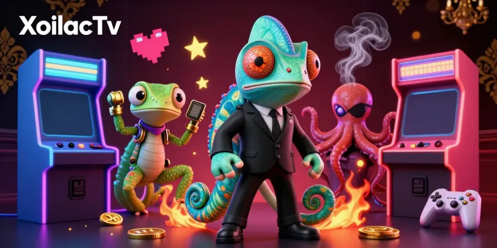 XoilacTv illuminates the gaming experience, featuring a chameleon agent, gecko, and octopus amid vibrant casino elements.