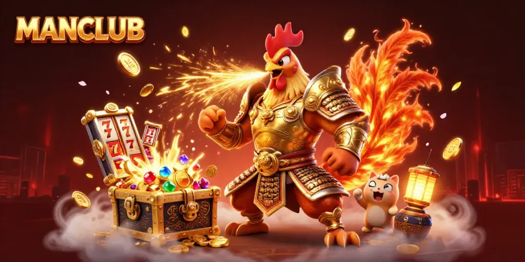 Experience the thrill of gaming with MANCLUB, featuring a dynamic battle scene between a rooster warrior and dragon amid slot machines.
