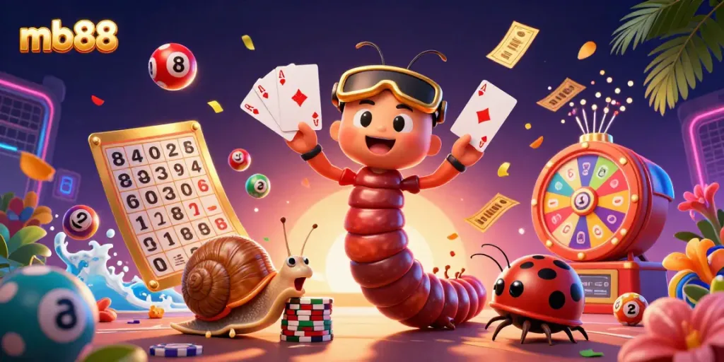 Experience the excitement of mb88 with a vibrant 3D illustration featuring playful casino characters and dynamic game elements.