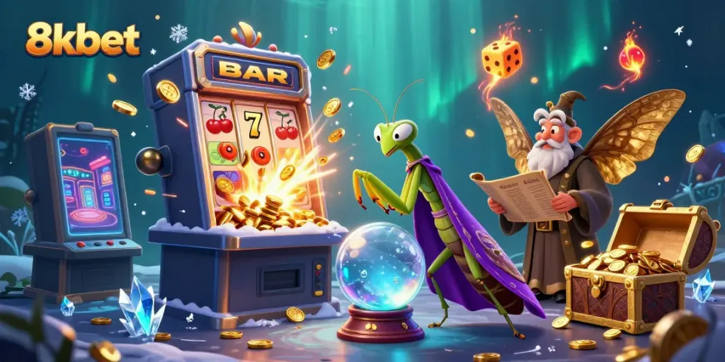 Experience gambling excitement at 8xbet with whimsical characters surrounded by vibrant casino elements.