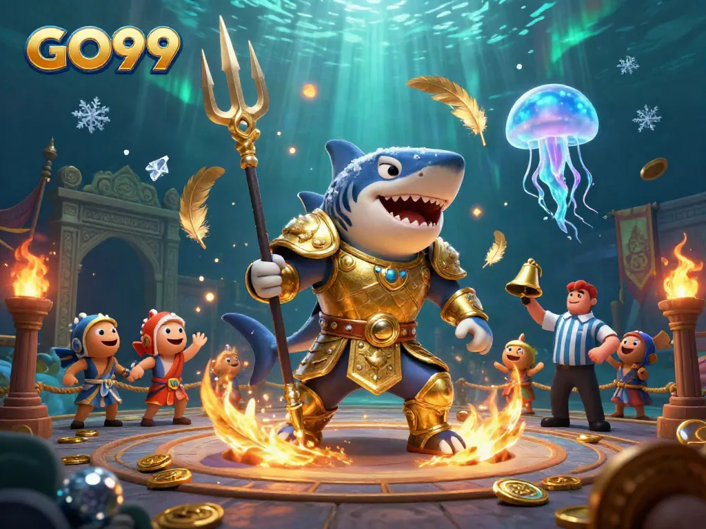 Engage in thrilling underwater battles at GO99 with a fierce tiger shark gladiator.
