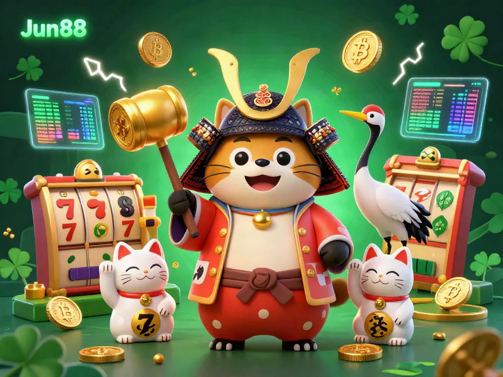 Jun88 casino illustration featuring a raccoon in traditional attire and maneki-neko, enriched with slot reels and crypto coins.