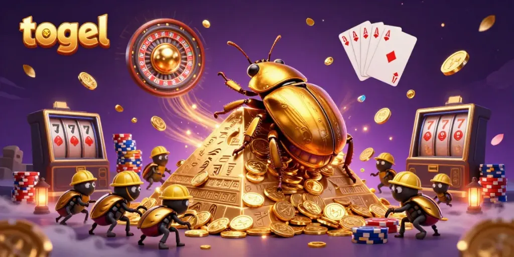 Menggulung bola emas togel sambil dikelilingi koin berkilau dan simbol kasino yang menakjubkan.