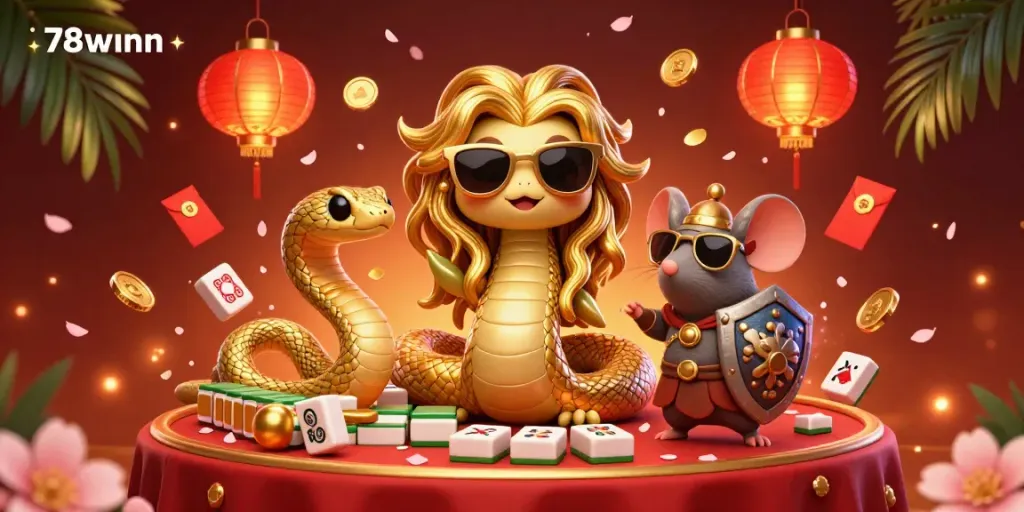 Engage with 78winn's lively casino atmosphere featuring Medusa and a warrior mouse amidst festive 3D elements.