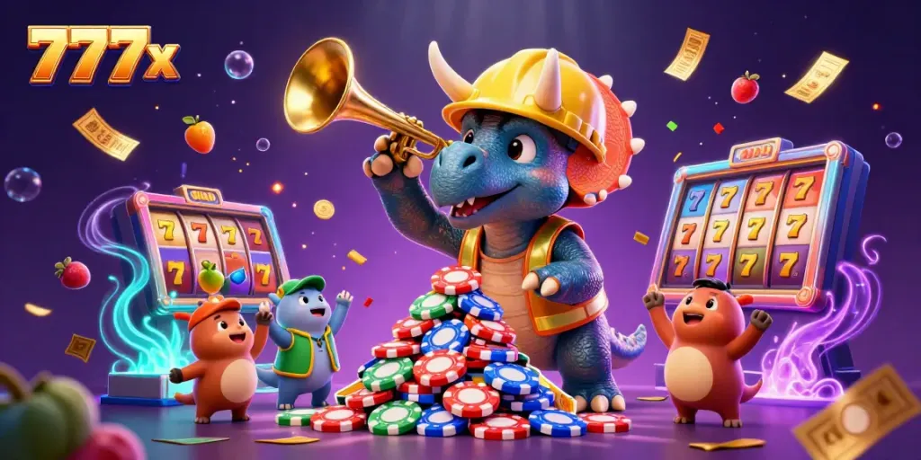 Experience the thrill of winning at 777x with a lively cartoon scene of a triceratops celebrating while building a pyramid of poker chips.