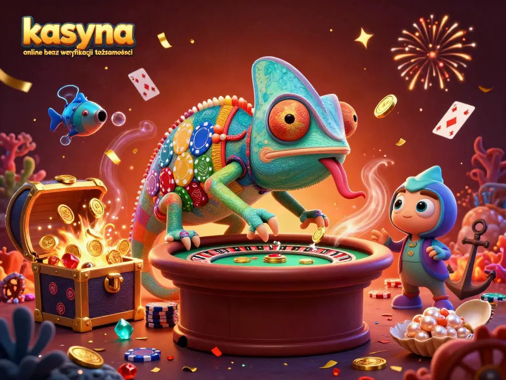 Engage with kasyna online bez weryfikacji tożsamości in a vibrant 3D casino illustration featuring a dynamic chameleon owner.