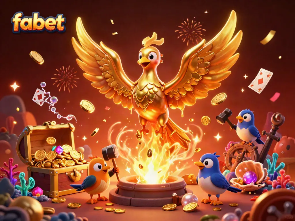 Experience the thrill of fabet gaming through a vibrant, dynamic casino scene with golden phoenix and treasures.