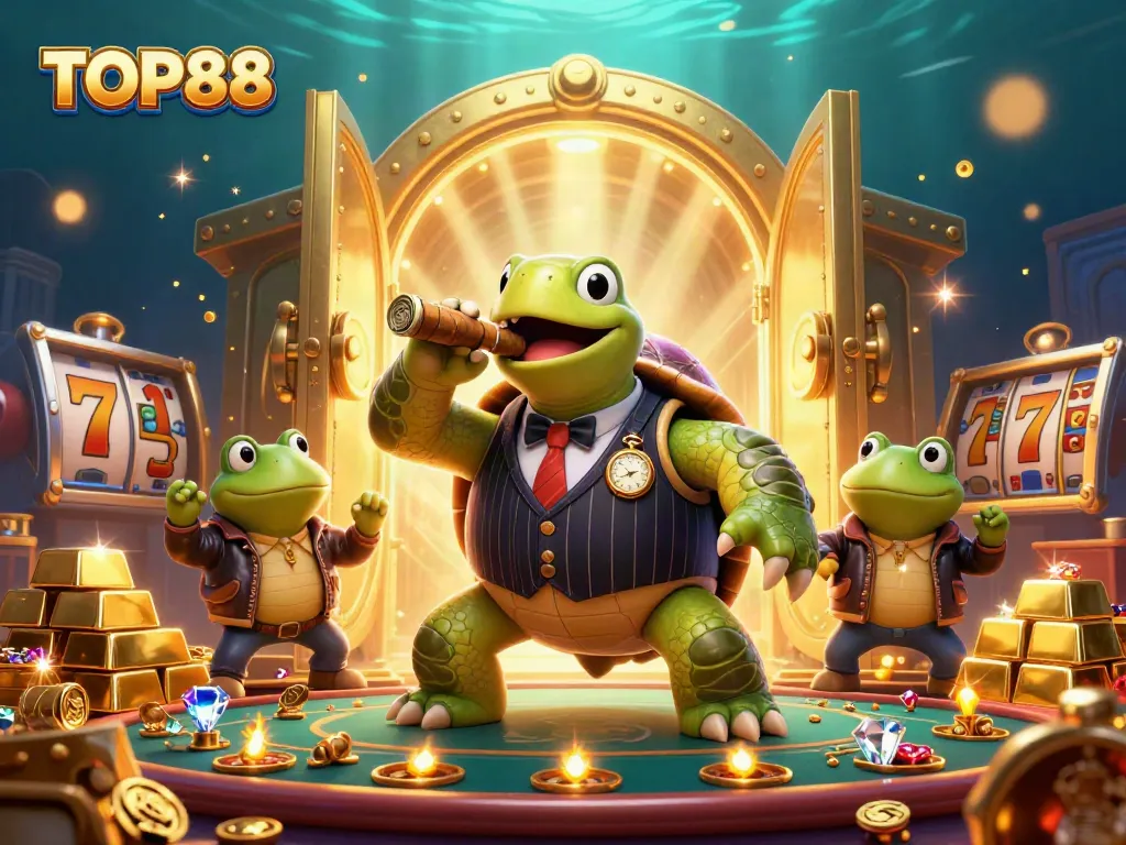 Engage with TOP88 in a vibrant casino scene featuring a cartoon turtle in a mobster suit, gold treasures, and dynamic gaming elements.