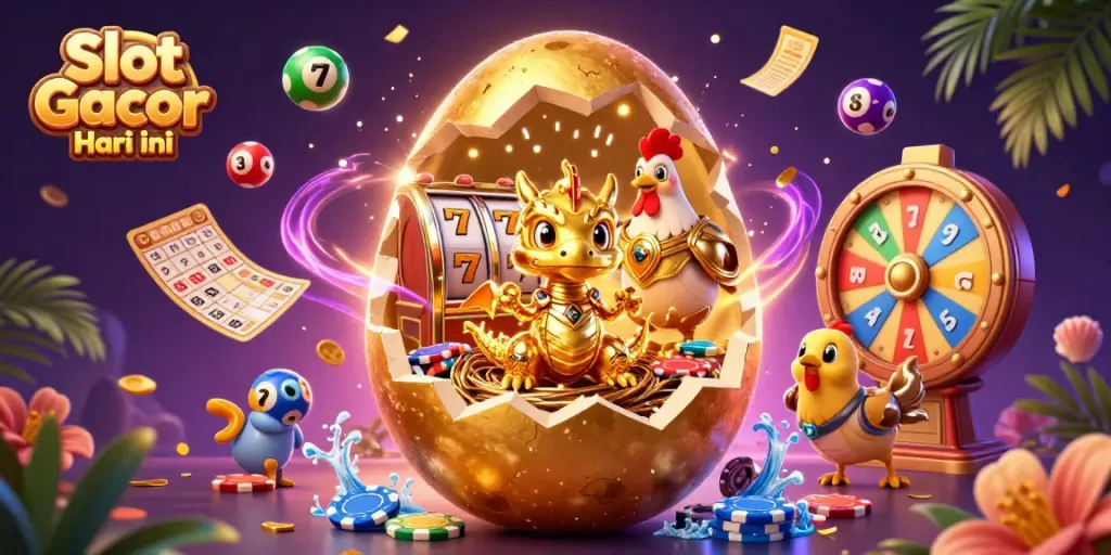 Experience dynamic gaming energy with Slot Gacor Hari ini showcasing a golden dragon, poker chips, and vibrant lottery elements.