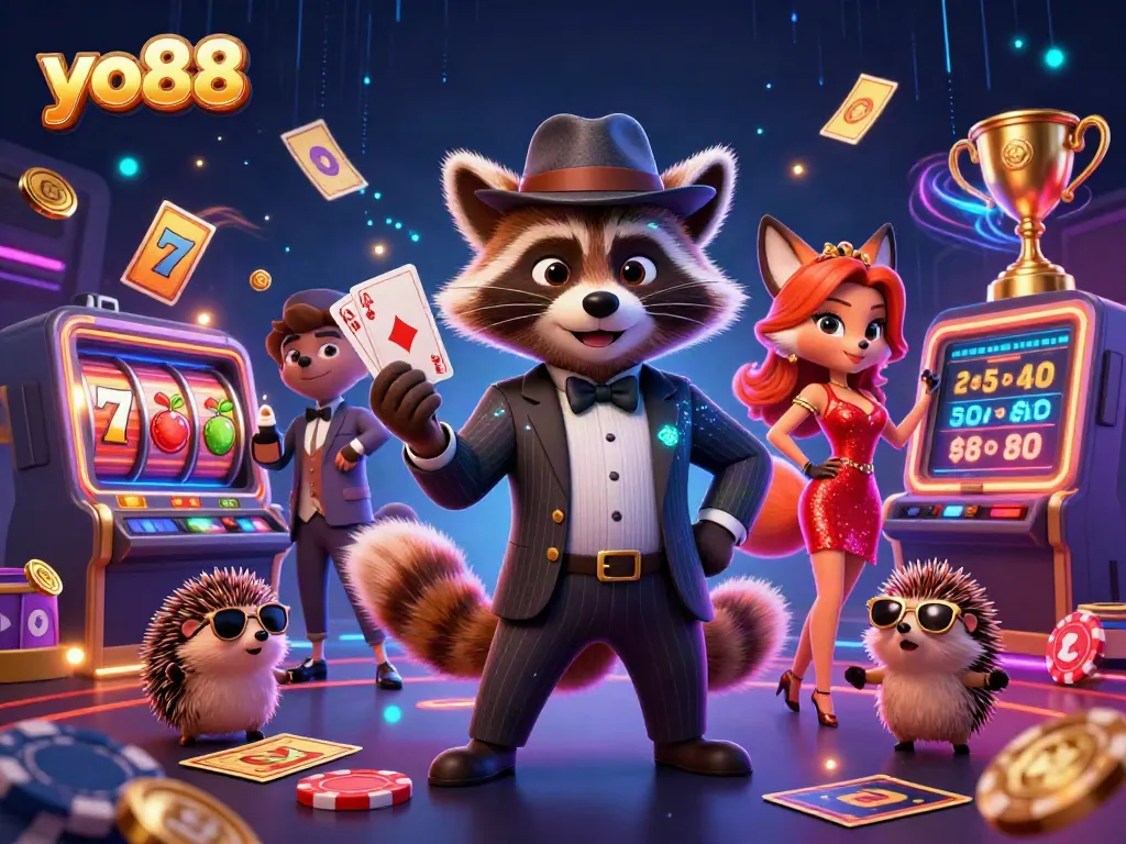 Experience thrilling wins at yo88 with a suave raccoon and his colorful companions in a vibrant casino.