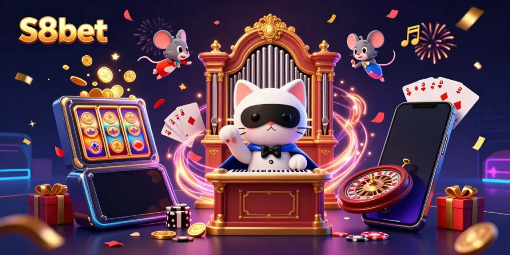 Spin and win at S8bet with an engaging casino scene featuring colorful slot games and lively characters.