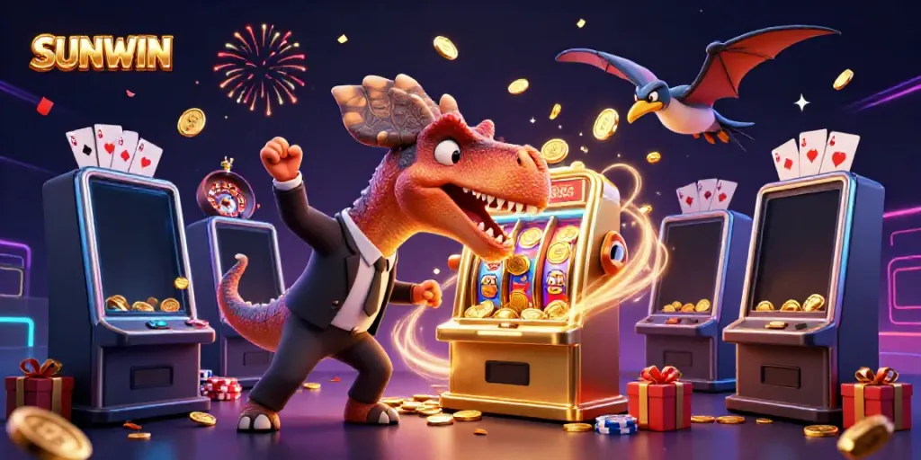 Experience SUNWIN excitement with a pachycephalosaurus jackpot at a vibrant casino scene