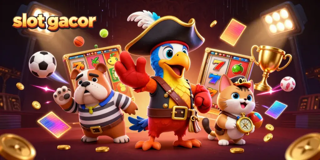 Menangkan slot gacor dengan berbagai simbol slot serta karakter kartun dalam suasana kasino.