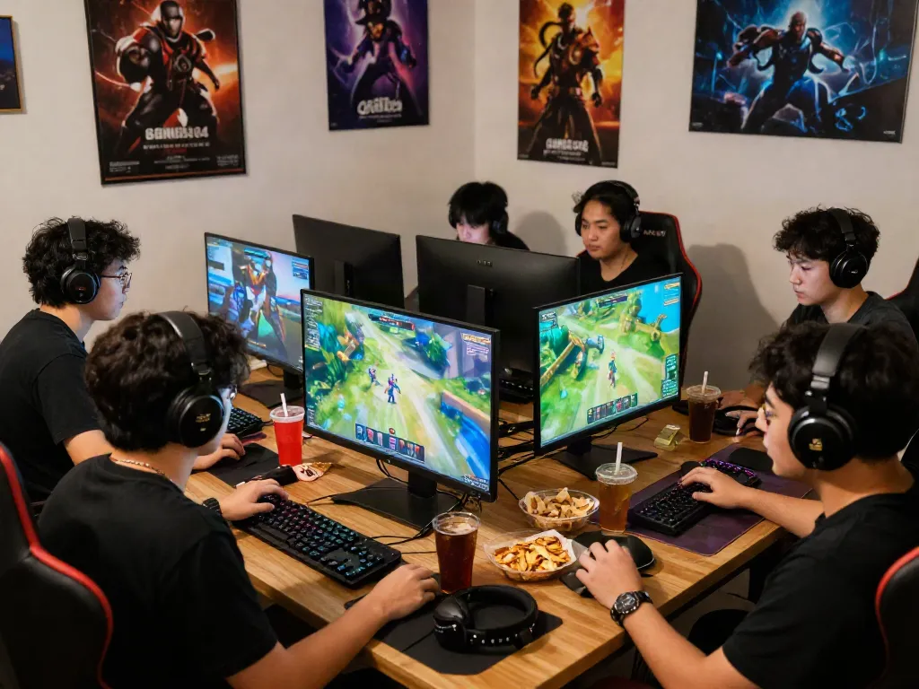 Gamers enjoying garuda404 in a lively gaming room with snacks and gear.