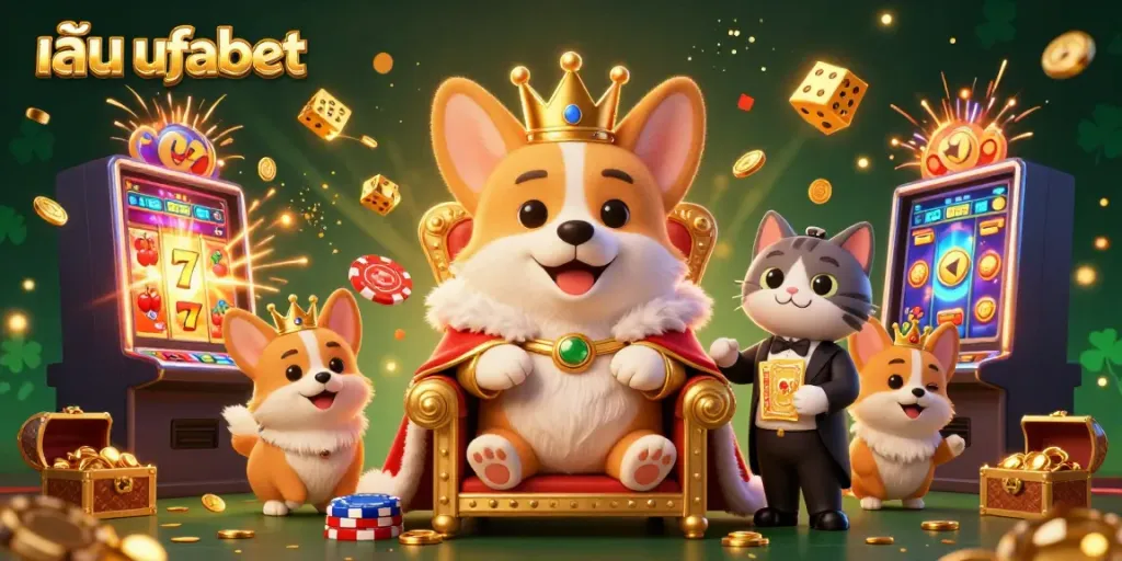Experience the excitement of เล่น ufabet with a royal corgi in a vibrant casino scene surrounded by jackpot elements.
