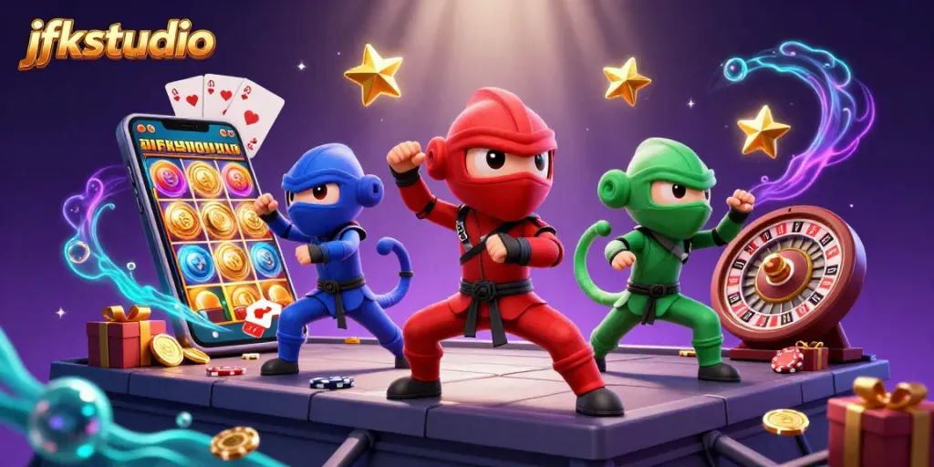 Experience thrilling action with jfkstudio's ninja chameleon team throwing golden stars in an online casino