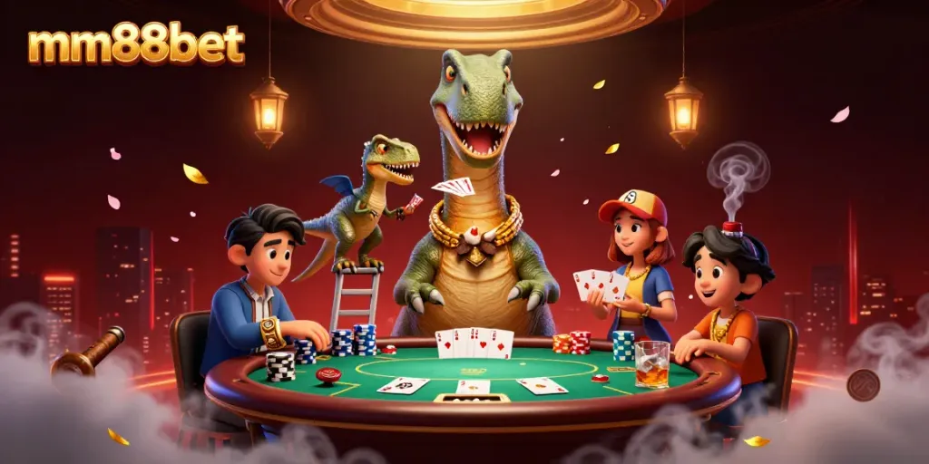 Engage with mm88bet in a vibrant, bustling casino scene featuring playful characters and dynamic poker action.