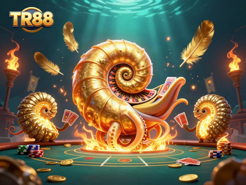 Engage in thrilling poker action with TR88 as a giant nautilus hosts vibrant casino elements.