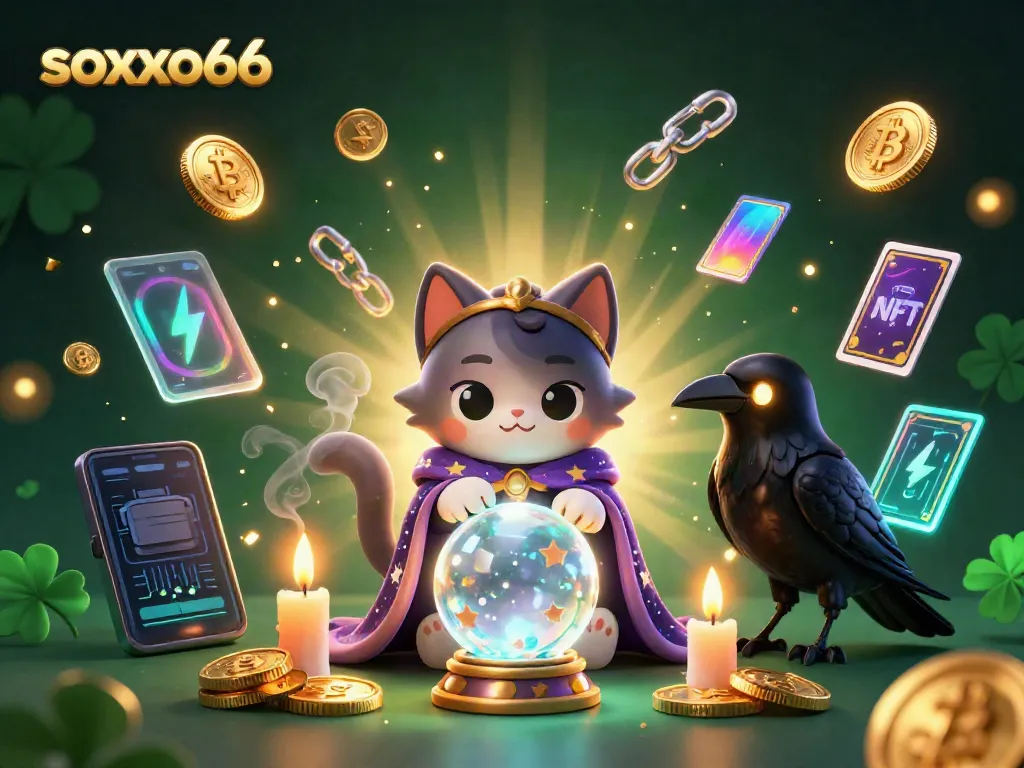 Experience the magic of soxo66 with a vibrant 3D casino scene featuring mystical characters and cryptocurrencies.