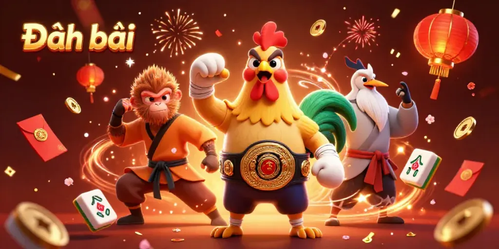 Engage in Đánh bài with vibrant characters and dynamic casino elements in this action-packed 3D illustration.