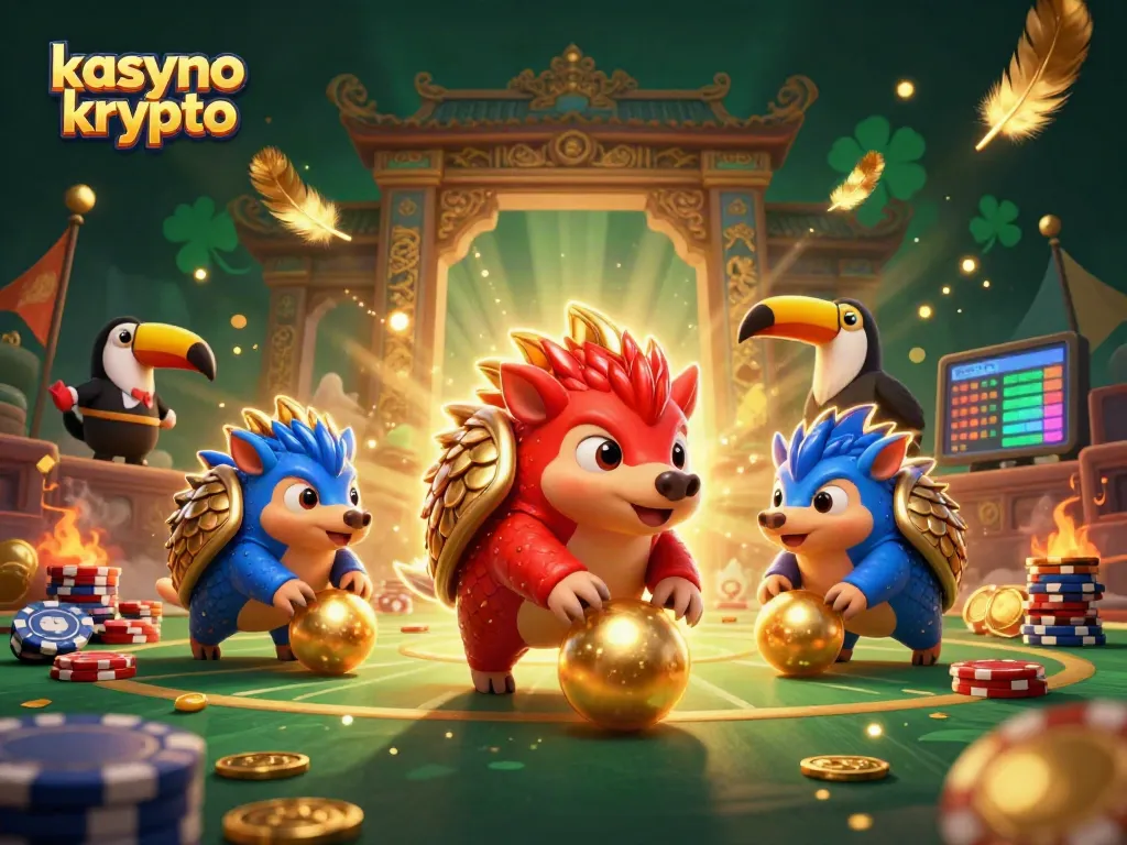 Engage in thrilling games at kasyno krypto with cartoon pangolins rolling golden balls through poker chips.