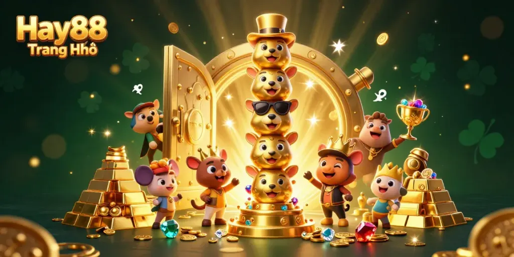 Experience the fun at Hay88 Trang Chủ with dynamic 3D casino elements and vibrant totem characters.