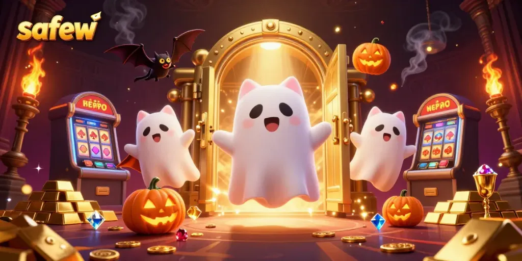 Experience the thrill of safew with a friendly ghost cat and vampire bat in a haunted casino.