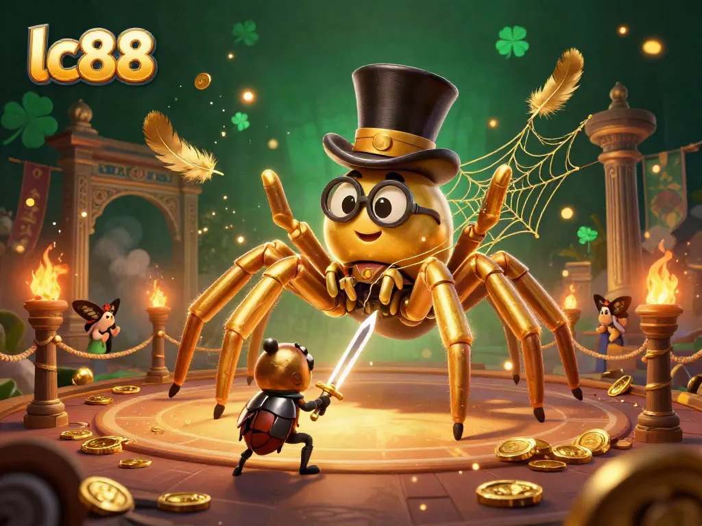 Engage in the thrilling world of lc88 casino games with a dynamic scene featuring a golden web of chance.