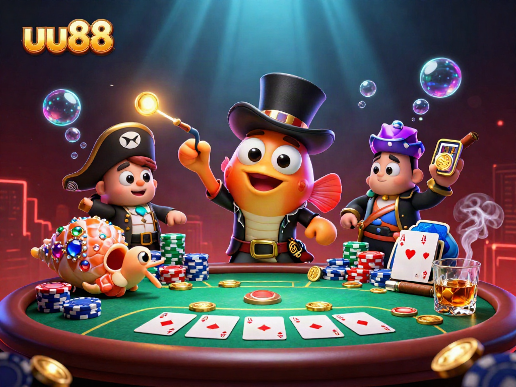 Experience thrilling gameplay at uu88, where 3D cartoon sea creatures engage in poker action.