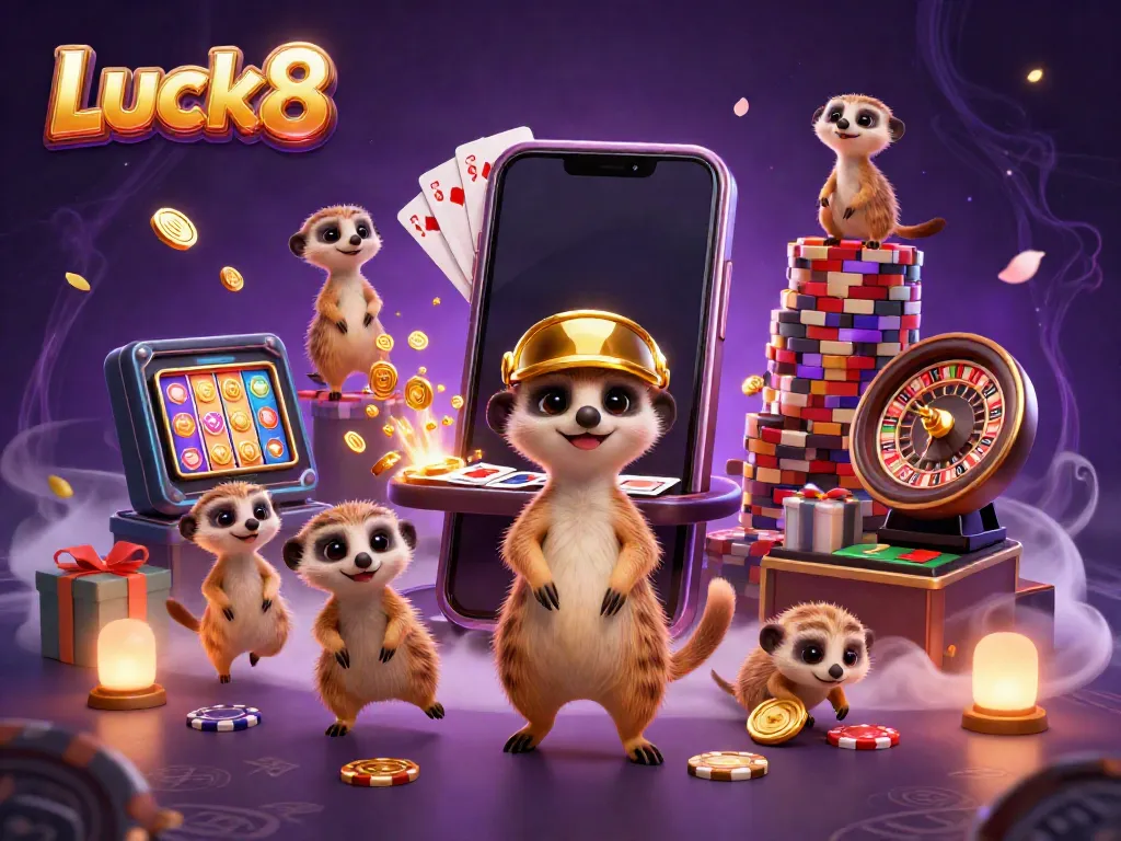 Luck8 meerkats orchestrating a vibrant casino scene with dynamic gaming elements and rich details.