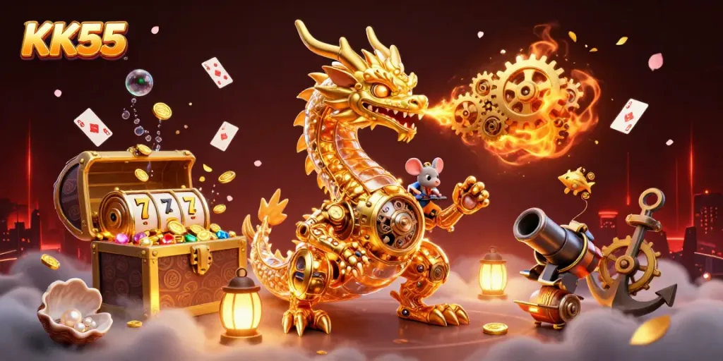 Experience KK55 with a dynamic golden dragon, exploding treasure, and vibrant gambling elements.
