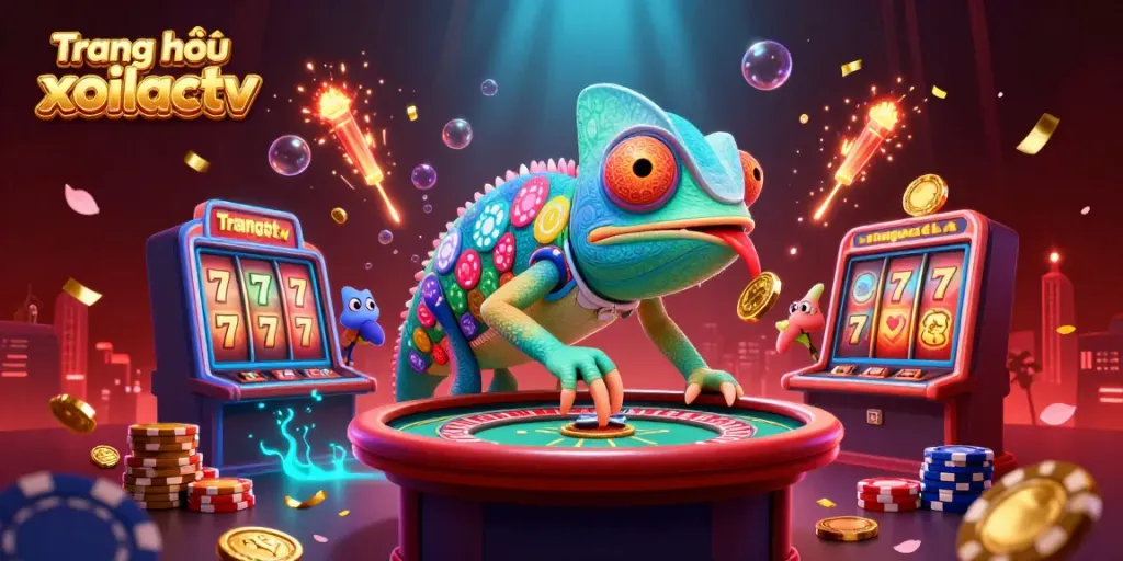 Experience the vibrant scene of Trang chủ xoilactv where a colorful chameleon casino owner interacts amidst exciting gambling elements.