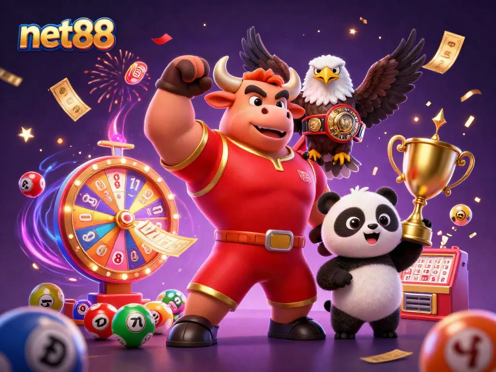Engage with net88's exciting gaming experience, featuring a dynamic lottery scene and vibrant characters.