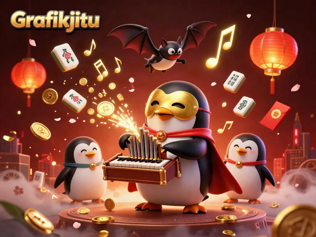 Grafikjitu embodies lively gaming with a penguin organ player, golden coins, and vivid traditional elements.