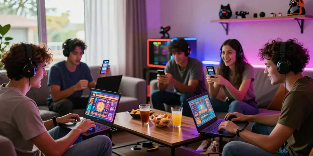 Friends enjoying exciting slot games in a vibrant gaming setup.