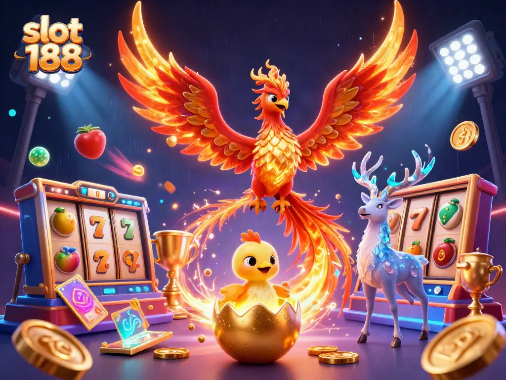 Permainan slot 188 menampilkan phoenix unggas berapi dalam suasana kasino yang semarak.