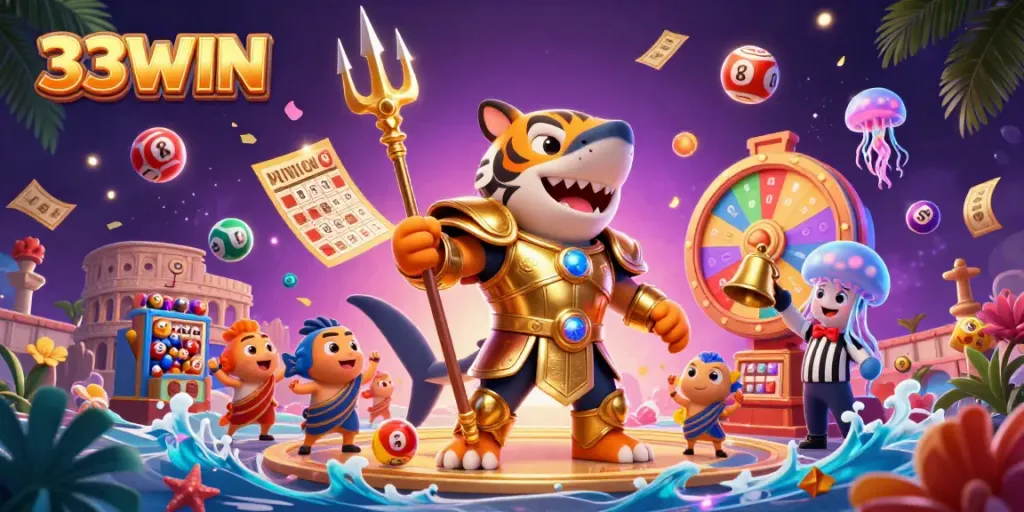 Engage with the vibrant underwater world of 33WIN, featuring a tiger shark in gladiator armor amidst a lively gambling arena.