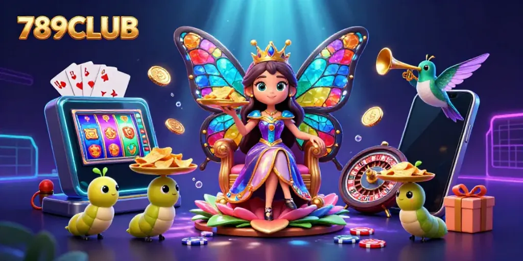Engage with the colorful world of 789CLUB through an illustration featuring a butterfly queen and vibrant casino elements.