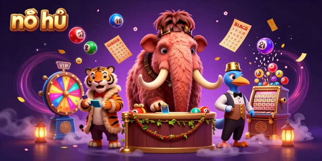 Engage in nổ hũ celebrations with vibrant characters and colorful lottery elements in a lively casino scene.