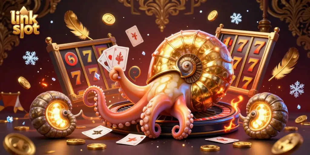 Engage in thrilling link slot gameplay with a vibrant, packed casino scene featuring a giant nautilus and golden treasures.