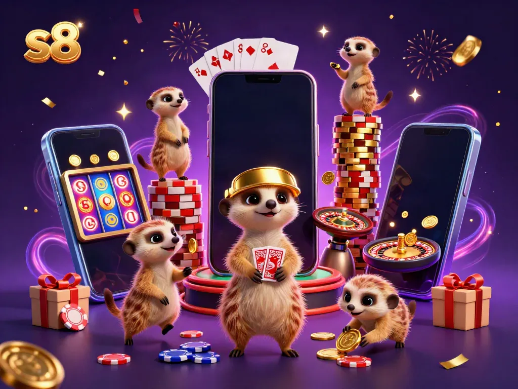 Experience the vibrant energy of s8 with meerkats managing a lively casino scene filled with games and excitement.
